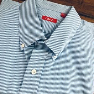 Izod Men's Blue & White Pin Striped Button Down Collar Long Sleeve Cuffed Shirt